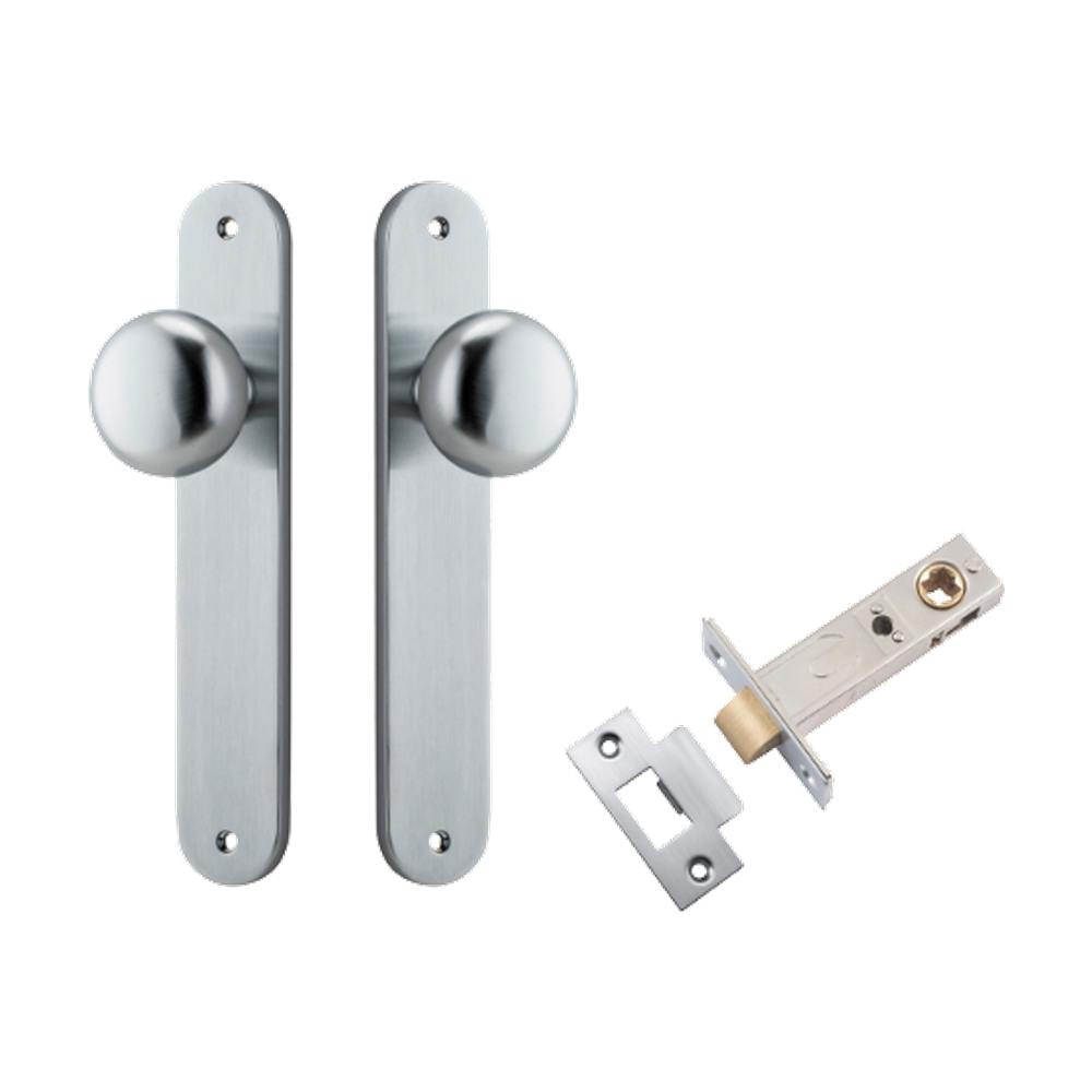 Door Knob Cambridge Oval Latch Brushed Chrome H240xW40xP67mm Passage Kit, Tube Latch Split Cam 'T' Striker Brushed Chrome Backset 60mm in Brushed Chrome