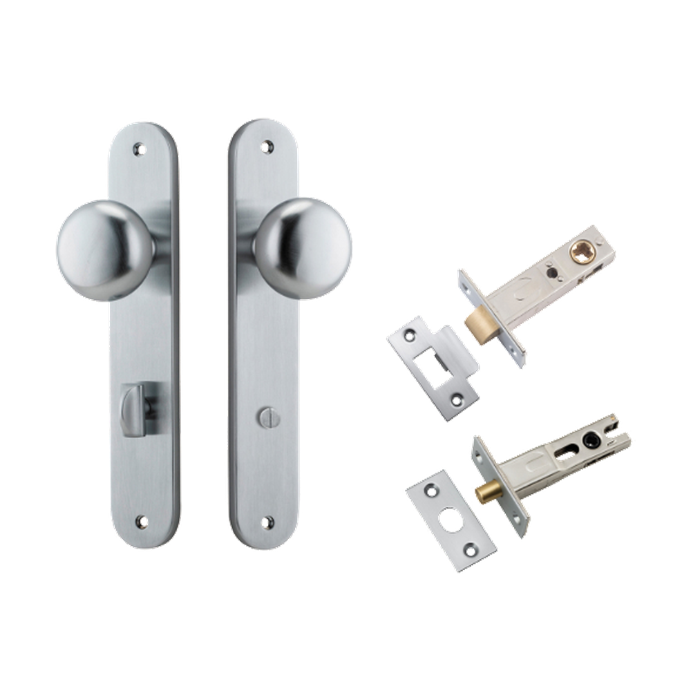 Door Knob Cambridge Oval Privacy Brushed Chrome CTC85mm H240xW40xP67mm Inbuilt Privacy Kit, Tube Latch Split Cam 'T' Striker Brushed Chrome Backset 60mm, Privacy Bolt Round Bolt Brushed Chrome Backset 60mm in Brushed Chrome