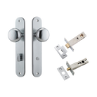Door Knob Cambridge Oval Privacy Brushed Chrome CTC85mm H240xW40xP67mm Inbuilt Privacy Kit, Tube Latch Split Cam 'T' Striker Brushed Chrome Backset 60mm, Privacy Bolt Round Bolt Brushed Chrome Backset 60mm in Brushed Chrome