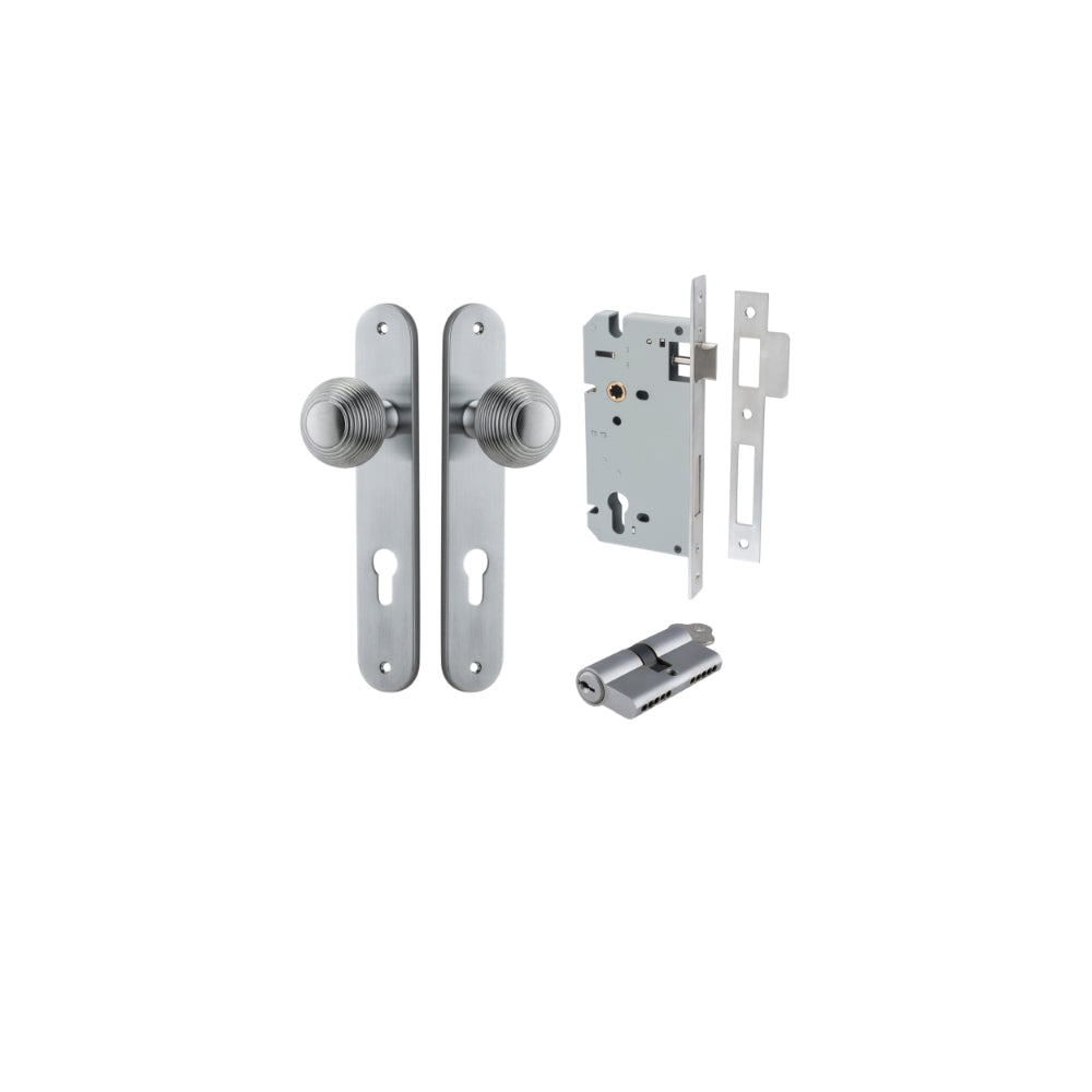 Door Knob Guildford Oval Euro Brushed Chrome CTC85mm H240xW40xP60mm Entrance Kit, Mortice Lock Euro Brushed Chrome CTC85mm Backset 60mm, Euro Cylinder Dual Function 5 Pin Brushed Chrome L65mm KA1 in Brushed Chrome
