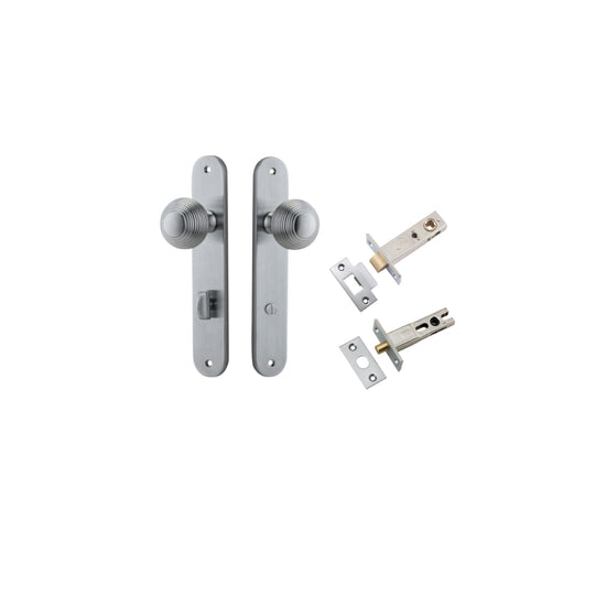 Door Knob Guildford Oval Privacy Brushed Chrome CTC85mm H240xW40xP60mm Inbuilt Privacy Kit, Tube Latch Split Cam 'T' Striker Brushed Chrome Backset 60mm, Privacy Bolt Round Bolt Brushed Chrome Backset 60mm in Brushed Chrome