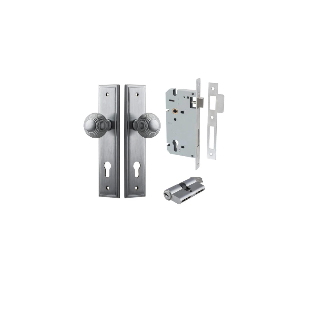 Door Knob Guildford Stepped Euro Brushed Chrome CTC85mm H240xW50xP60mm Entrance Kit, Mortice Lock Euro Brushed Chrome CTC85mm Backset 60mm, Euro Cylinder Dual Function 5 Pin Brushed Chrome L65mm KA1 in Brushed Chrome