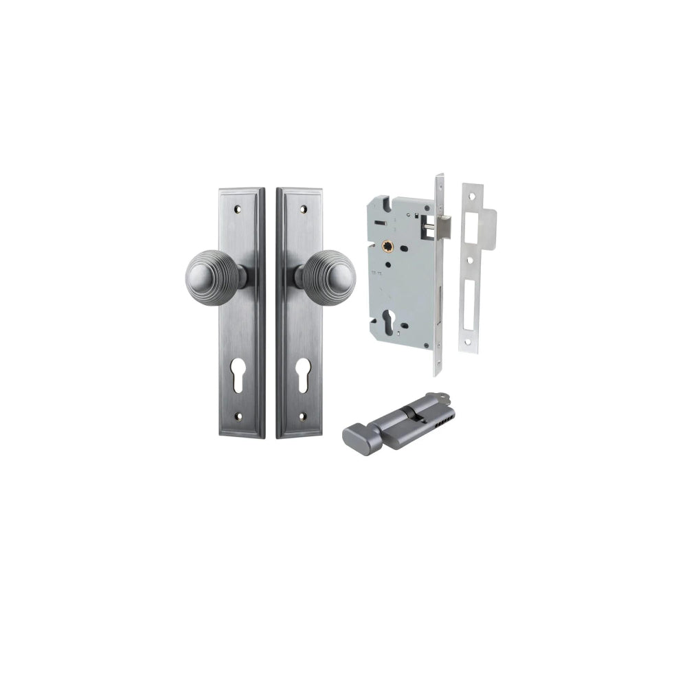 Door Knob Guildford Stepped Euro Brushed Chrome CTC85mm H240xW50xP60mm Entrance Kit, Mortice Lock Euro Brushed Chrome CTC85mm Backset 60mm, Euro Cylinder Key Thumb 6 Pin Brushed Chrome L70mm KA1 in Brushed Chrome