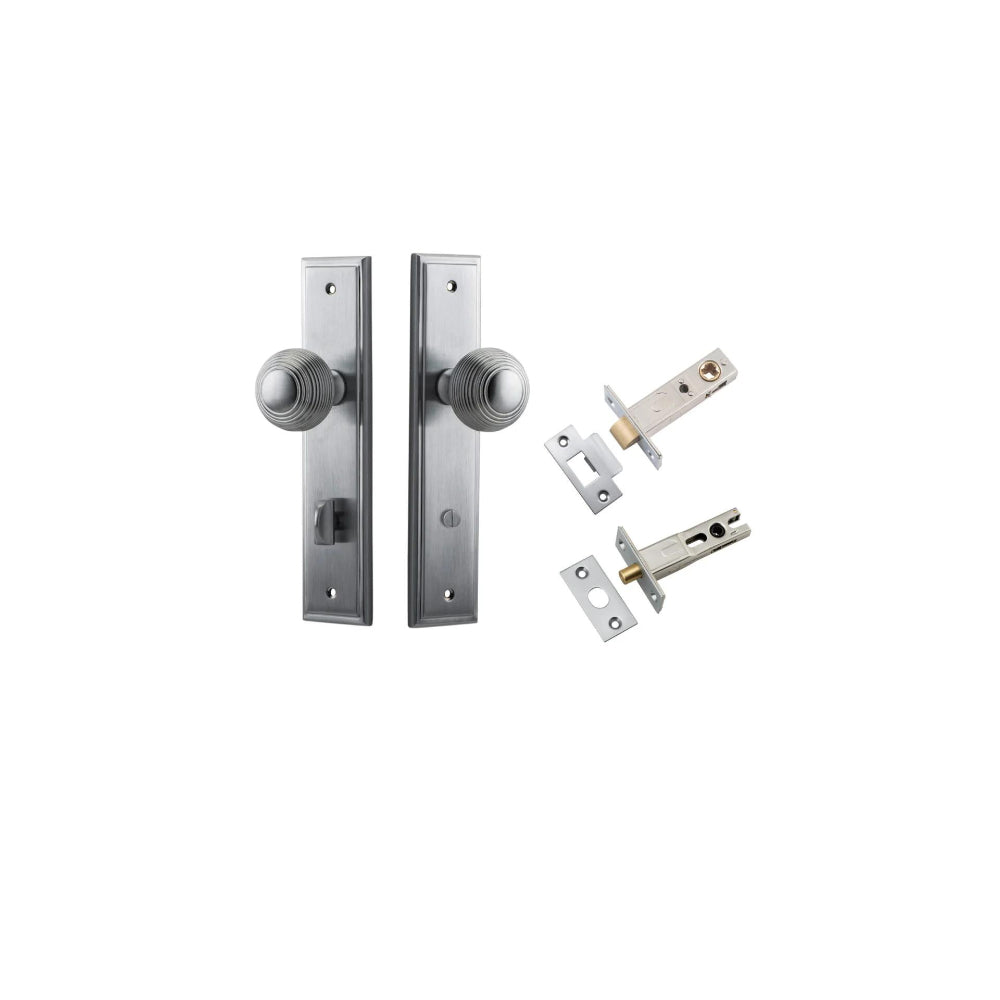 Door Knob Guildford Stepped Privacy Brushed Chrome CTC85mm H240xW50xP60mm Inbuilt Privacy Kit, Tube Latch Split Cam 'T' Striker Brushed Chrome Backset 60mm, Privacy Bolt Round Bolt Brushed Chrome Backset 60mm in Brushed Chrome