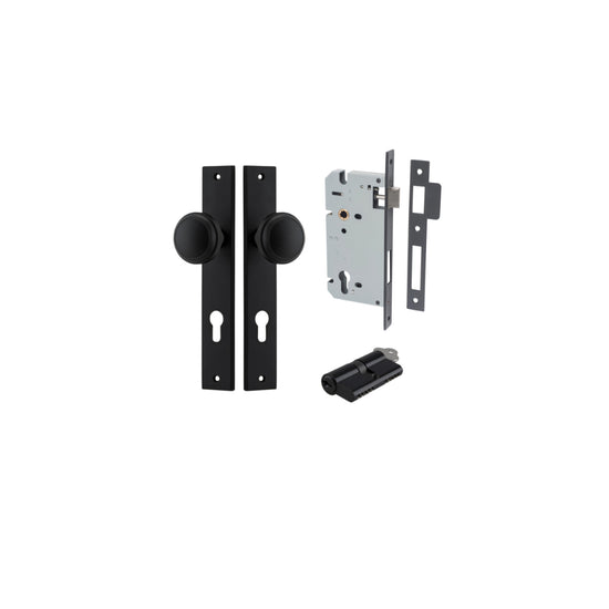 Door Knob Paddington Rectangular Euro Matt Black CTC85mm H240xW38xP68mm Entrance Kit Mortice Lock Euro Matt Black CTC85mm Backset 60mm, Euro Cylinder Dual Function 5 Pin Matt Black L65mm KA1 in Matt Black