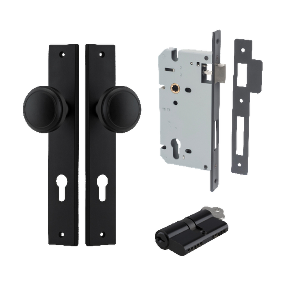 Door Knob Paddington Rectangular Euro Matt Black CTC85mm H240xW38xP68mm Entrance Kit Mortice Lock Euro Matt Black CTC85mm Backset 60mm, Euro Cylinder Dual Function 5 Pin Matt Black L65mm KA1 in Matt Black