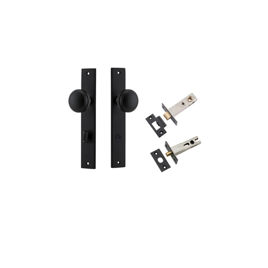 Door Knob Paddington Rectangular Privacy Matt Black CTC85mm H240xW38xP68mm Inbuilt Privacy Kit Tube Latch Split Cam 'T' Striker Matt Black Backset 60mm, Privacy Bolt Round Bolt Matt Black Backset 60mm in Matt Black