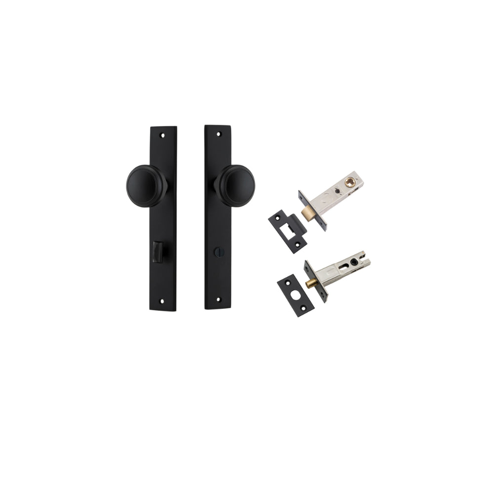 Door Knob Paddington Rectangular Privacy Matt Black CTC85mm H240xW38xP68mm Inbuilt Privacy Kit Tube Latch Split Cam 'T' Striker Matt Black Backset 60mm, Privacy Bolt Round Bolt Matt Black Backset 60mm in Matt Black