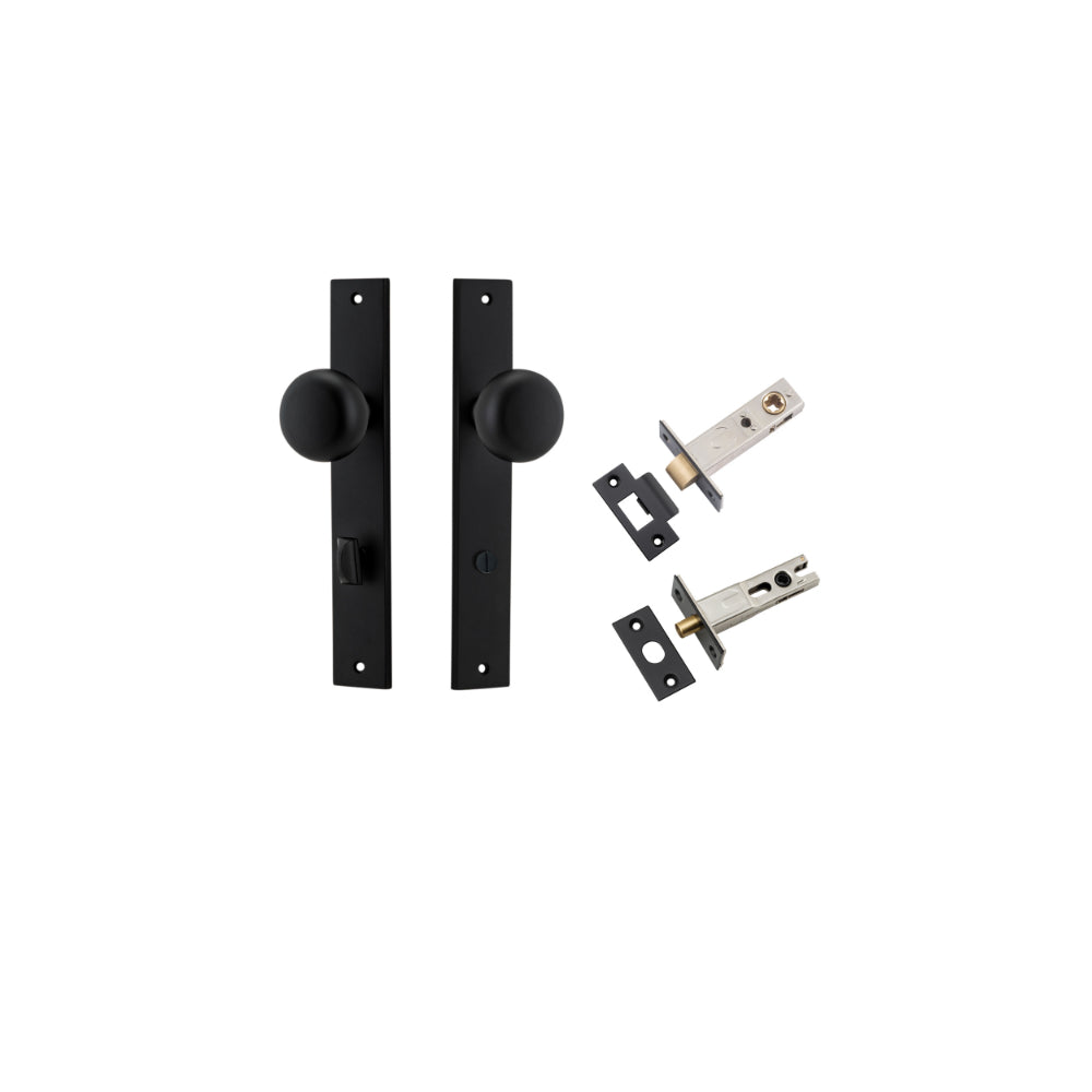 Door Knob Cambridge Rectangular Privacy Matt Black CTC85mm H240xW38xP67mm Inbuilt Privacy Kit Tube Latch Split Cam 'T' Striker Matt Black Backset 60mm, Privacy Bolt Round Bolt Matt Black Backset 60mm in Matt Black