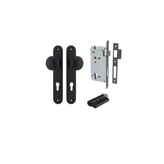 Door Knob Paddington Oval Euro Matt Black CTC85mm H240xW40xP68mm Entrance Kit, Mortice Lock Euro Matt Black CTC85mm Backset 60mm, Euro Cylinder Dual Function 5 Pin Matt Black L65mm KA1 in Matt Black