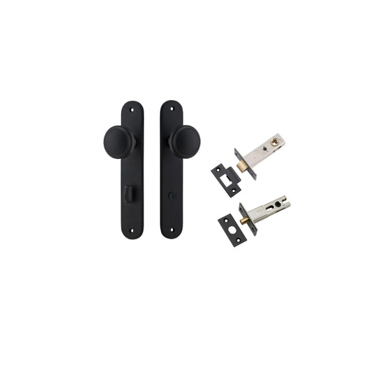 Door Knob Paddington Oval Privacy Matt Black CTC85mm H240xW40xP68mm Inbuilt Privacy Kit, Tube Latch Split Cam 'T' Striker Matt Black Backset 60mm, Privacy Bolt Round Bolt Matt Black Backset 60mm in Matt Black