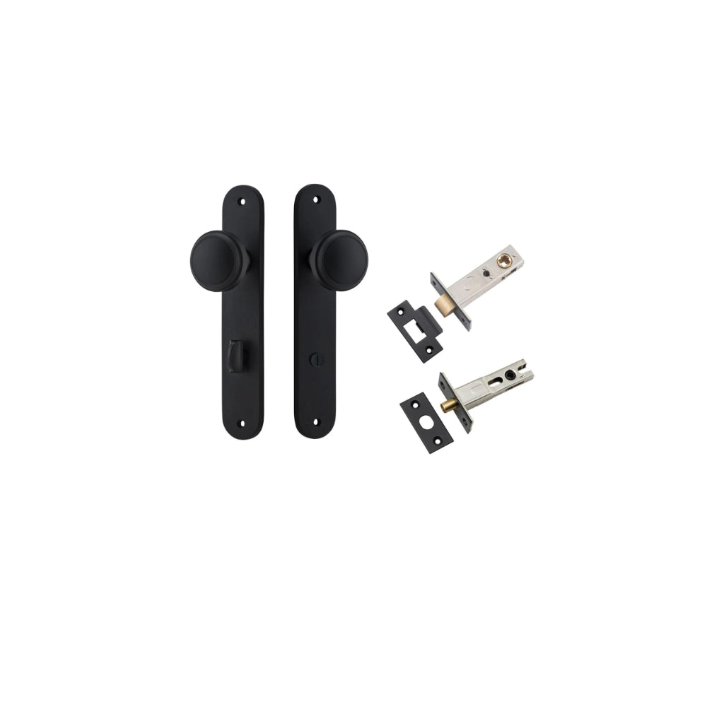 Door Knob Paddington Oval Privacy Matt Black CTC85mm H240xW40xP68mm Inbuilt Privacy Kit, Tube Latch Split Cam 'T' Striker Matt Black Backset 60mm, Privacy Bolt Round Bolt Matt Black Backset 60mm in Matt Black