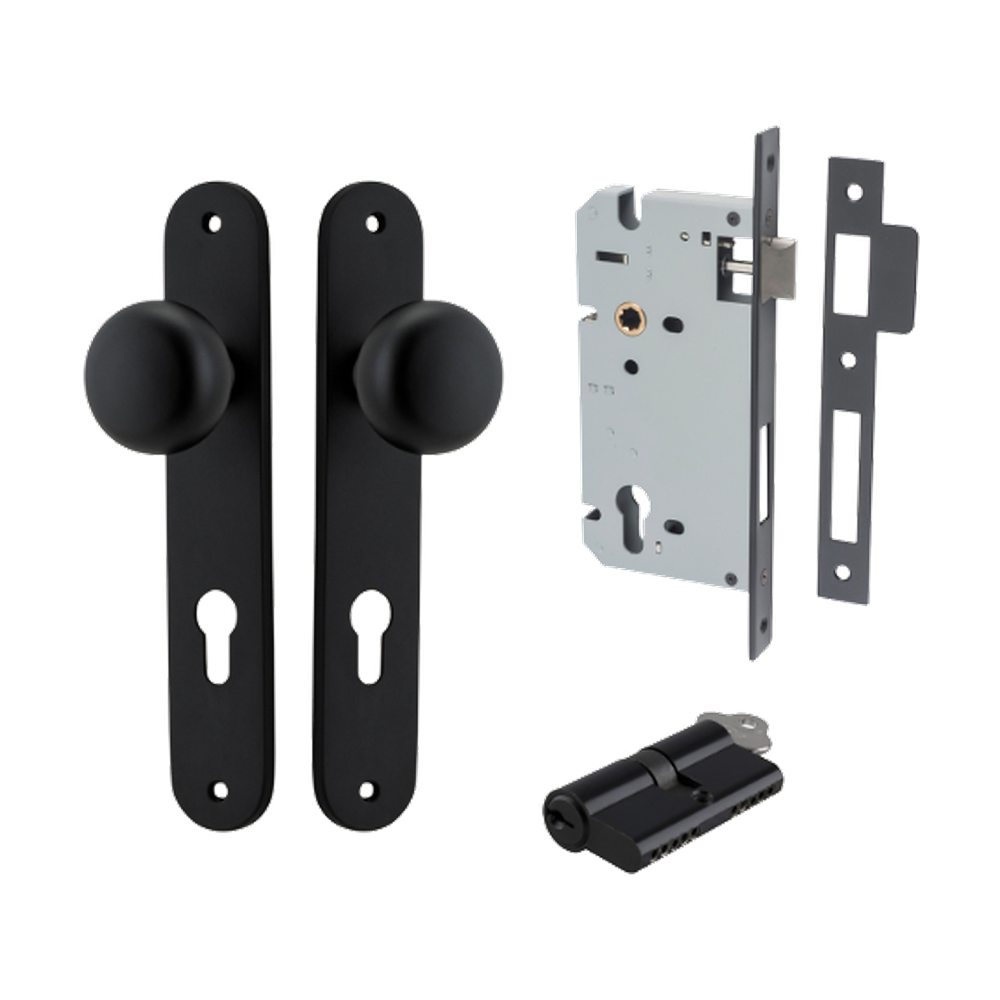 Door Knob Cambridge Oval Euro Matt Black CTC85mm H240xW40xP67mm Entrance Kit, Mortice Lock Euro Matt Black CTC85mm Backset 60mm, Euro Cylinder Dual Function 5 Pin Matt Black L65mm KA1 in Matt Black