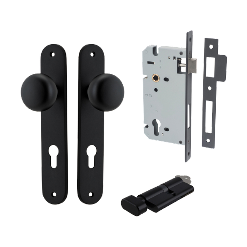 Door Knob Cambridge Oval Euro Matt Black CTC85mm H240xW40xP67mm Entrance Kit, Mortice Lock Euro Matt Black CTC85mm Backset 60mm, Euro Cylinder Key Thumb 6 Pin Matt Black L70mm KA1 in Matt Black
