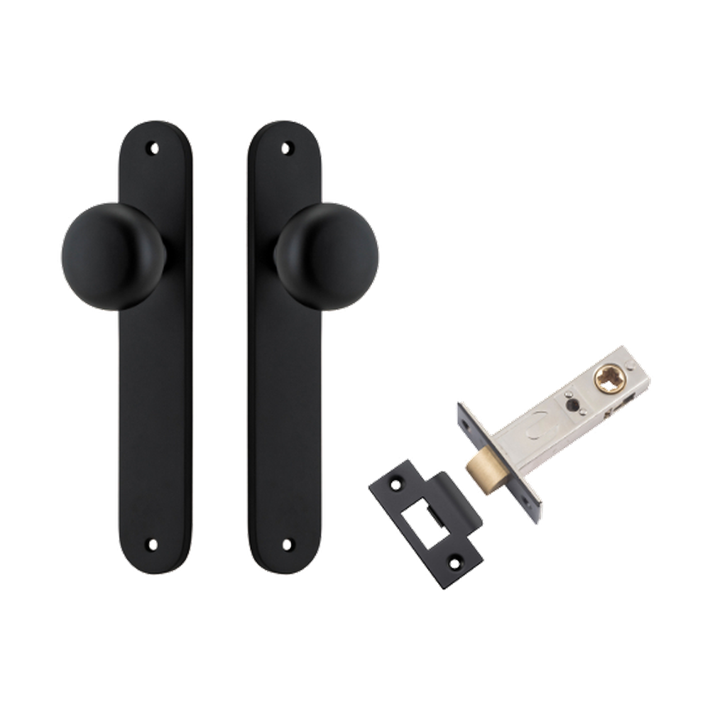 Door Knob Cambridge Oval Latch Matt Black H240xW40xP67mm Passage Kit, Tube Latch Split Cam 'T' Striker Matt Black Backset 60mm in Matt Black