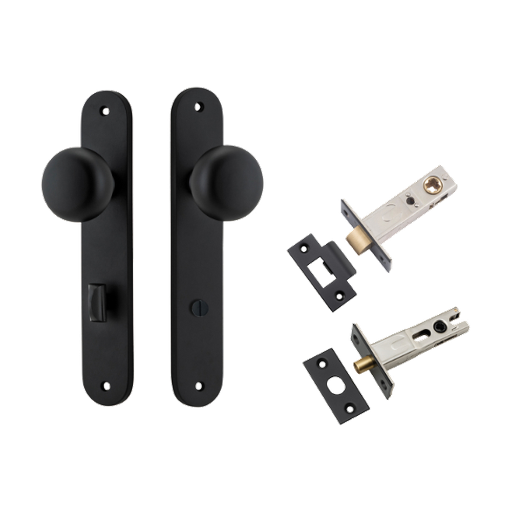 Door Knob Cambridge Oval Privacy Matt Black CTC85mm H240xW40xP67mm Inbuilt Privacy Kit, Tube Latch Split Cam 'T' Striker Matt Black Backset 60mm, Privacy Bolt Round Bolt Matt Black Backset 60mm in Matt Black