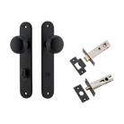 Door Knob Cambridge Oval Privacy Matt Black CTC85mm H240xW40xP67mm Inbuilt Privacy Kit, Tube Latch Split Cam 'T' Striker Matt Black Backset 60mm, Privacy Bolt Round Bolt Matt Black Backset 60mm in Matt Black