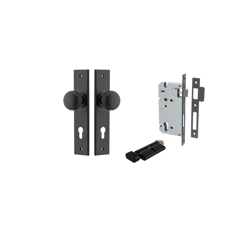 Door Knob Cambridge Chamfered Euro Pair Matt Black CTC85mm D55xP62mm BPH240xW50mm, Mortice Lock Euro Matt Black CTC85mm Backset 60mm, Euro Cylinder Key Thumb 5 Pin Matt Black 65mm KA4 in Matt Black