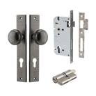 Pair of Iver Paddington knobs on rectangular backplates, vintage-style architectural hardware for doors and cabinets.
