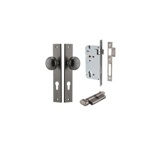 Door Knob Paddington Rectangular Euro Distressed Nickel CTC85mm H240xW38xP68mm Entrance Kit Mortice Lock Euro Distressed Nickel CTC85mm Backset 60mm, Euro Cylinder Key Thumb 6 Pin Distressed Nickel L70mm KA1 in Distressed Nickel