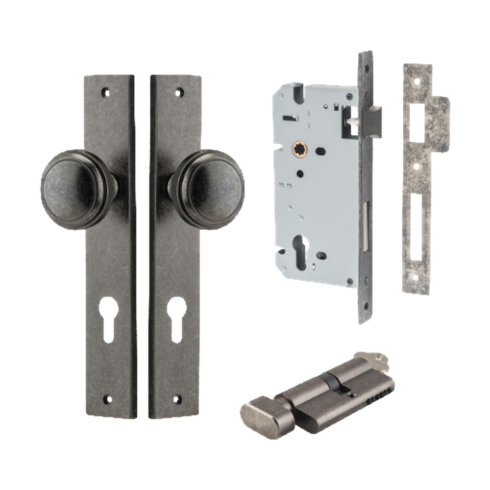 Door Knob Paddington Rectangular Euro Distressed Nickel CTC85mm H240xW38xP68mm Entrance Kit Mortice Lock Euro Distressed Nickel CTC85mm Backset 60mm, Euro Cylinder Key Thumb 6 Pin Distressed Nickel L70mm KA1 in Distressed Nickel