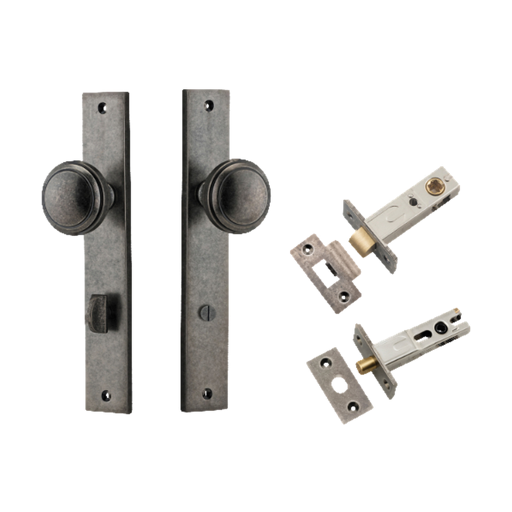 Door Knob Paddington Rectangular Privacy Distressed Nickel CTC85mm H240xW38xP68mm Inbuilt Privacy Kit Tube Latch Split Cam 'T' Striker Distressed Nickel Backset 60mm, Privacy Bolt Round Bolt Distressed Nickel Backset 60mm in Distressed Nickel