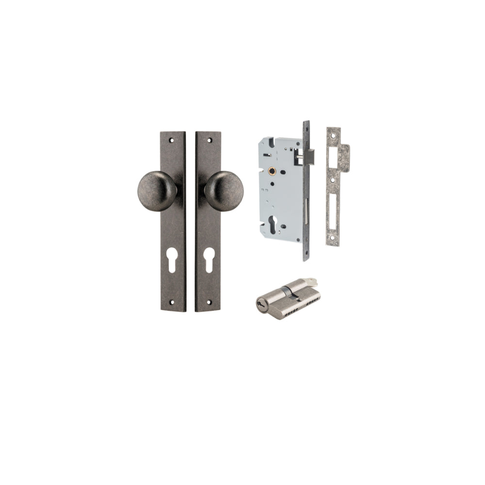 Door Knob Cambridge Rectangular Euro Distressed Nickel CTC85mm H240xW38xP67mm Entrance Kit Mortice Lock Euro Distressed Nickel CTC85mm Backset 60mm, Euro Cylinder Dual Function 5 Pin Distressed Nickel L65mm KA1 in Distressed Nickel