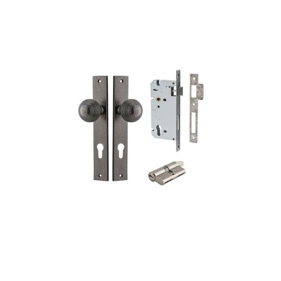 Door Knob Guildford Rectangular Euro Distressed Nickel CTC85mm H240xW38xP60mm Entrance Kit Mortice Lock Euro Distressed Nickel CTC85mm Backset 60mm, Euro Cylinder Dual Function 5 Pin Distressed Nickel L65mm KA1 in Distressed Nickel