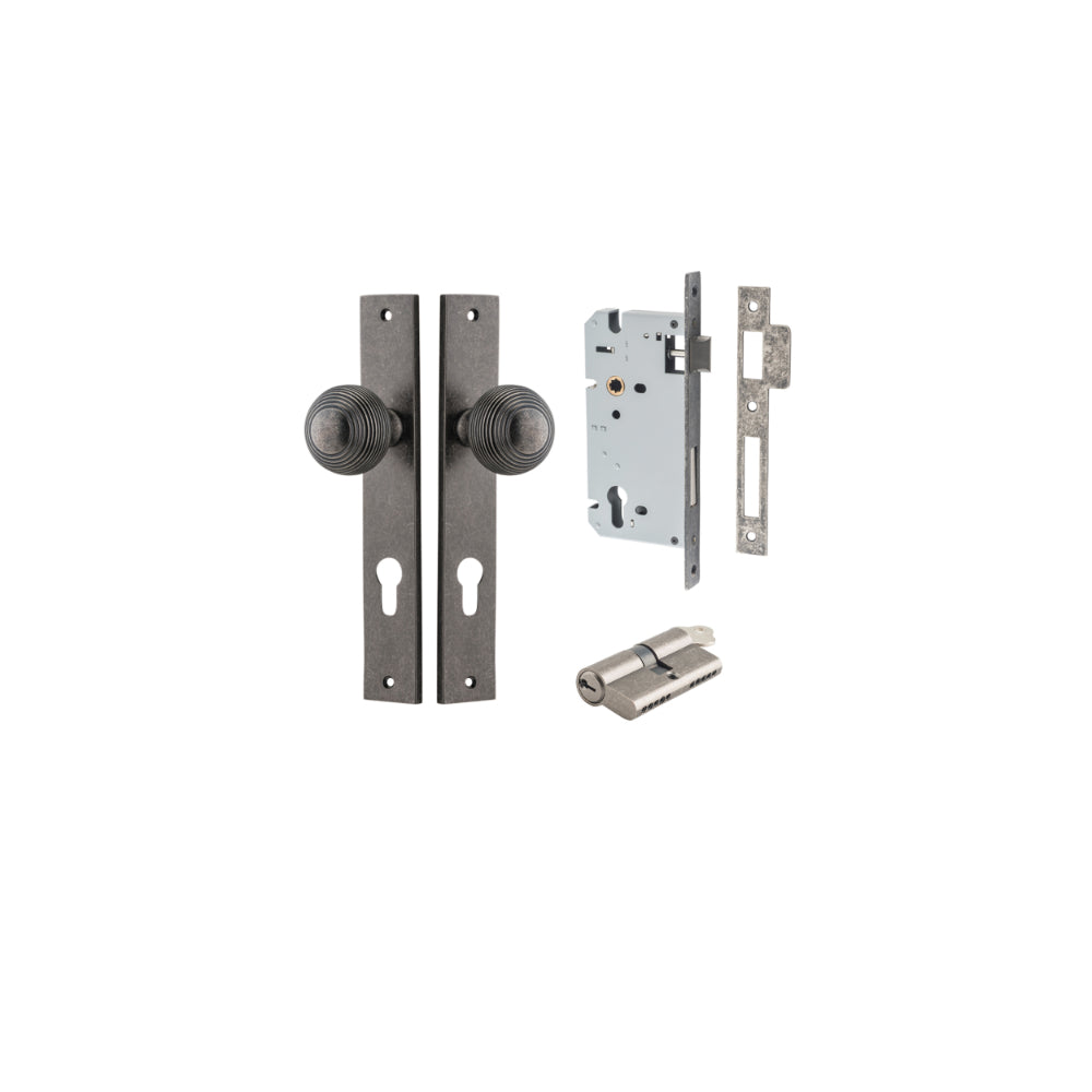 Door Knob Guildford Rectangular Euro Distressed Nickel CTC85mm H240xW38xP60mm Entrance Kit Mortice Lock Euro Distressed Nickel CTC85mm Backset 60mm, Euro Cylinder Dual Function 5 Pin Distressed Nickel L65mm KA1 in Distressed Nickel