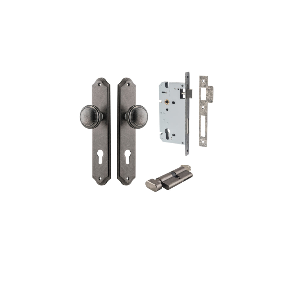 Door Knob Paddington Shouldered Euro Distressed Nickel CTC85mm H240xW50xP68mm Entrance Kit, Mortice Lock Euro Distressed Nickel CTC85mm Backset 60mm, Euro Cylinder Key Thumb 6 Pin Distressed Nickel L70mm KA1 in Distressed Nickel
