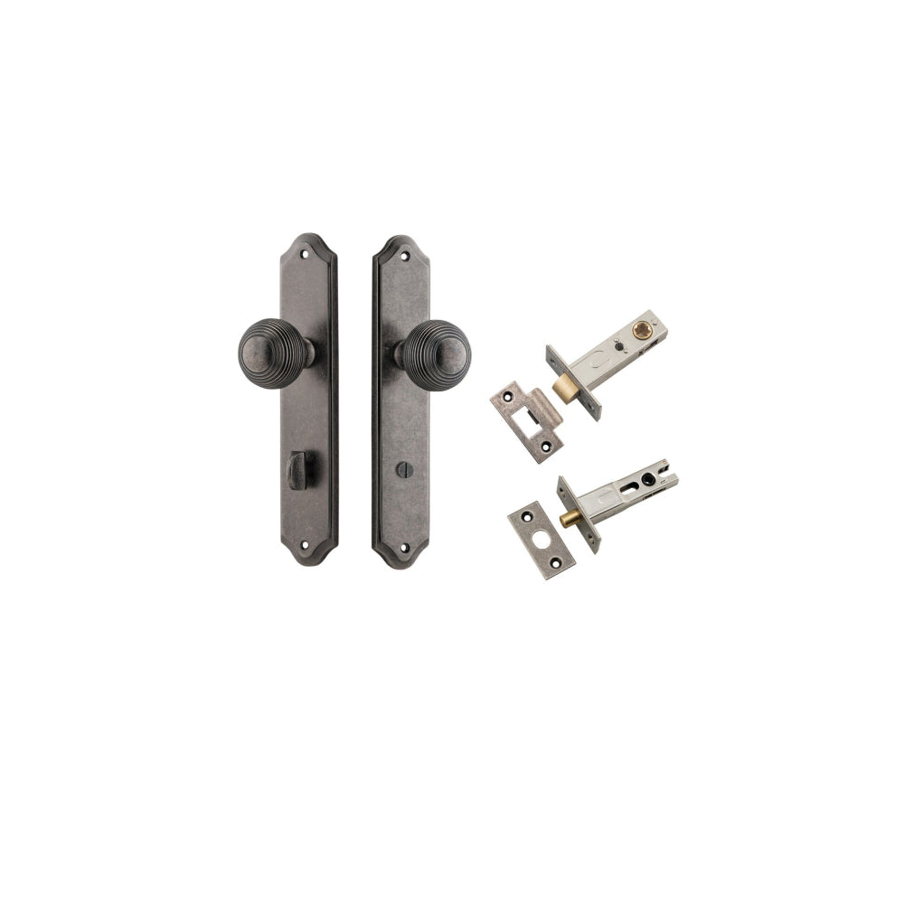 Door Knob Guildford Shouldered Privacy Distressed Nickel CTC85mm H240xW50xP60mm Inbuilt Privacy Kit, Tube Latch Split Cam 'T' Striker Distressed Nickel Backset 60mm, Privacy Bolt Round Bolt Distressed Nickel Backset 60mm in Distressed Nickel
