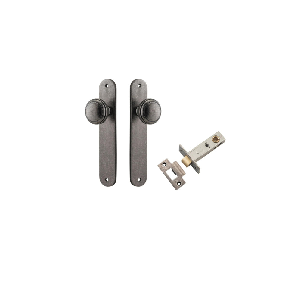 Door Knob Paddington Oval Latch Distressed Nickel H240xW40xP68mm Passage Kit, Tube Latch Split Cam 'T' Striker Distressed Nickel Backset 60mm in Distressed Nickel