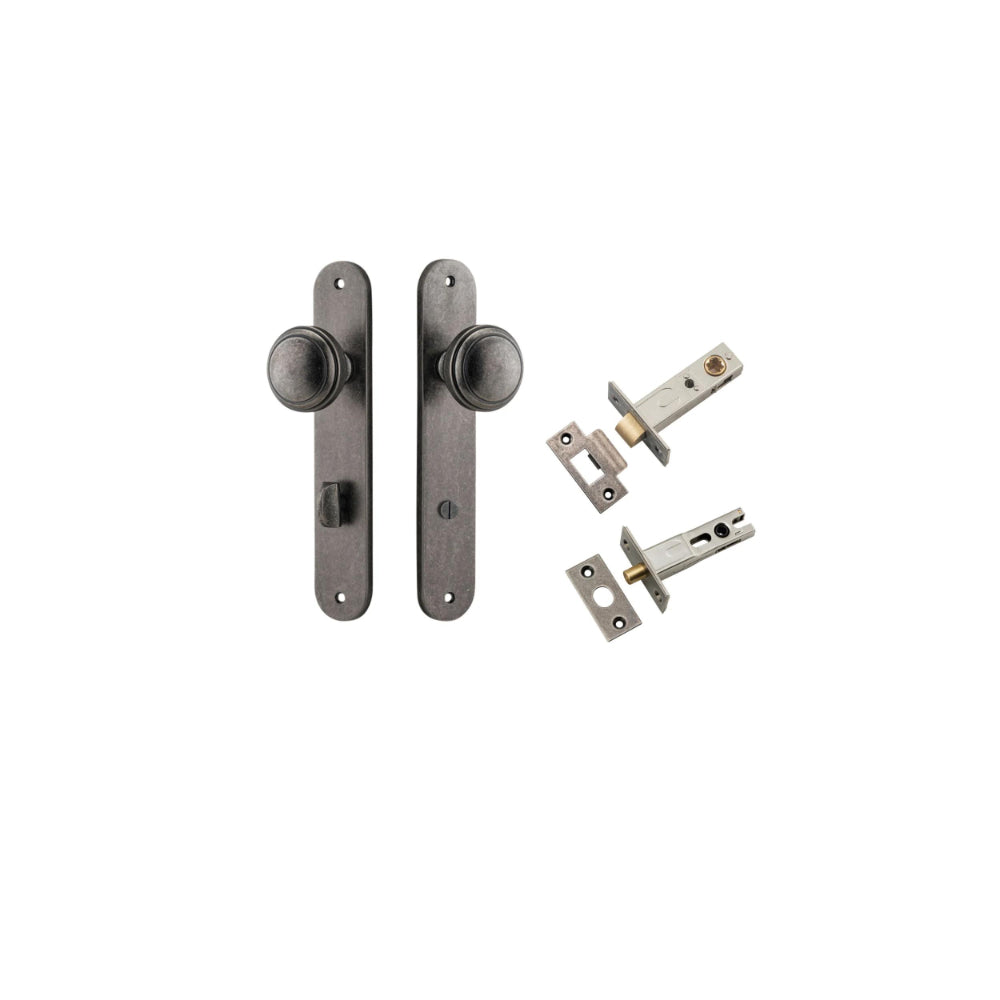 Door Knob Paddington Oval Privacy Distressed Nickel CTC85mm H240xW40xP68mm Inbuilt Privacy Kit, Tube Latch Split Cam 'T' Striker Distressed Nickel Backset 60mm, Privacy Bolt Round Bolt Distressed Nickel Backset 60mm in Distressed Nickel