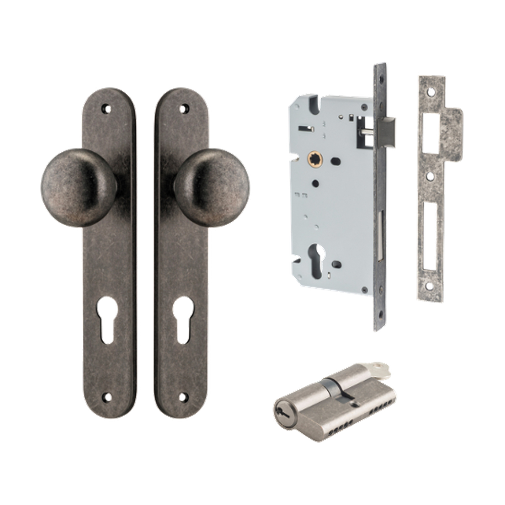 Door Knob Cambridge Oval Euro Distressed Nickel CTC85mm H240xW40xP67mm Entrance Kit, Mortice Lock Euro Distressed Nickel CTC85mm Backset 60mm, Euro Cylinder Dual Function 5 Pin Distressed Nickel L65mm KA1 in Distressed Nickel