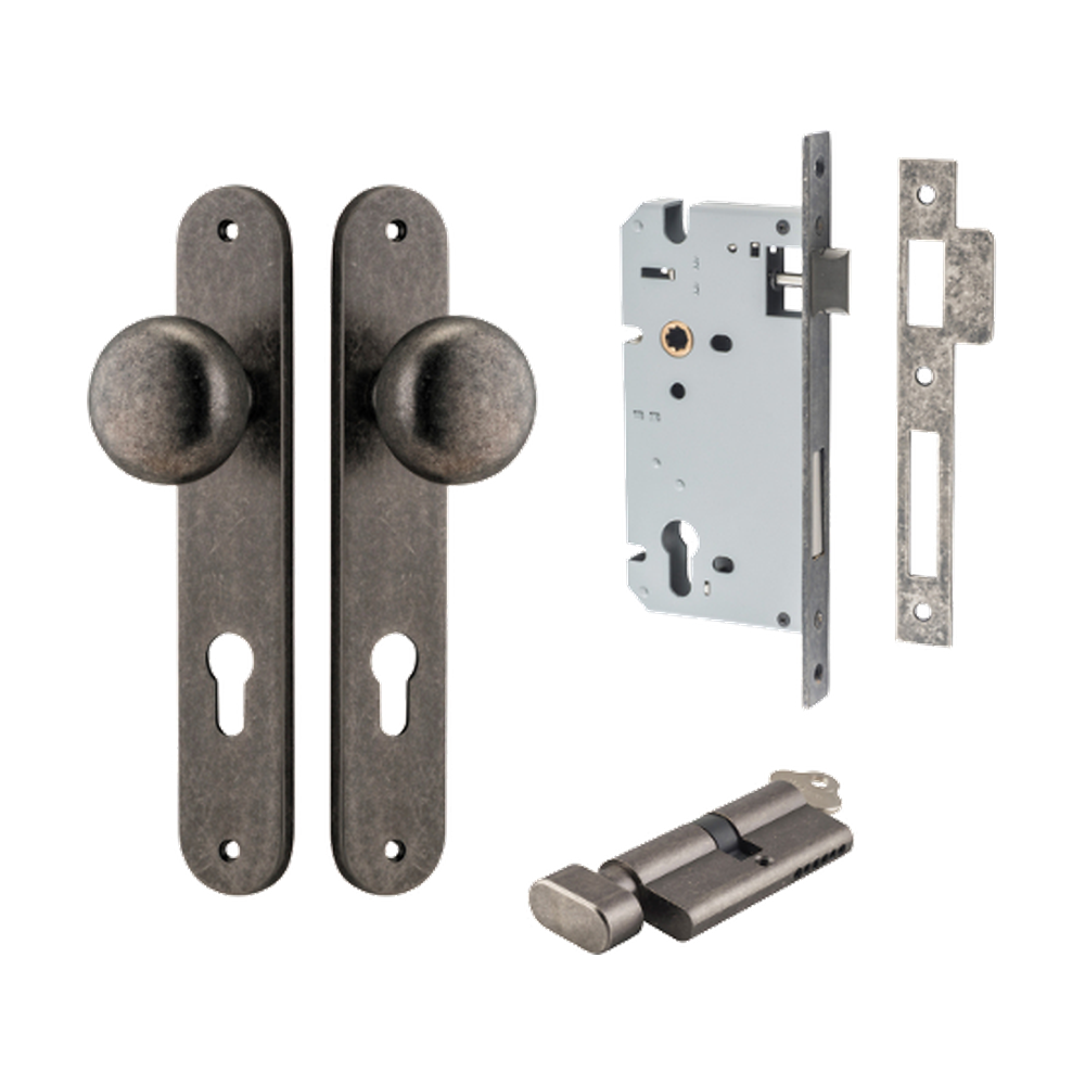 Door Knob Cambridge Oval Euro Distressed Nickel CTC85mm H240xW40xP67mm Entrance Kit, Mortice Lock Euro Distressed Nickel CTC85mm Backset 60mm, Euro Cylinder Key Thumb 6 Pin Distressed Nickel L70mm KA1 in Distressed Nickel