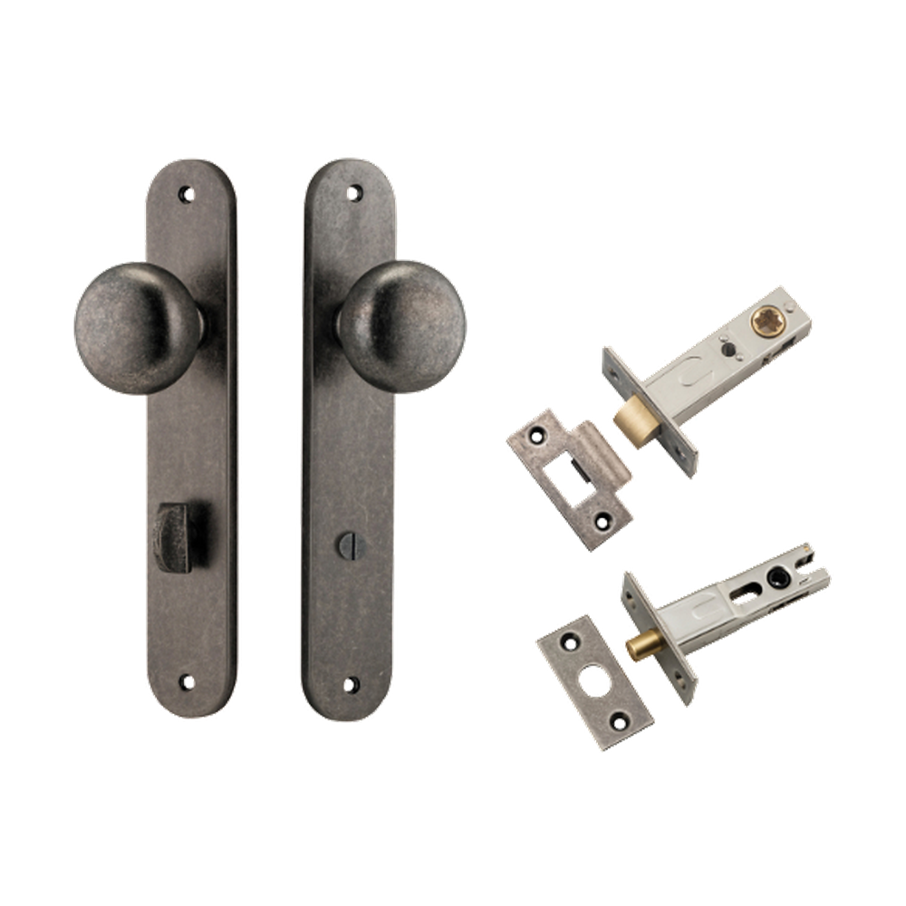 Door Knob Cambridge Oval Privacy Distressed Nickel CTC85mm H240xW40xP67mm Inbuilt Privacy Kit, Tube Latch Split Cam 'T' Striker Distressed Nickel Backset 60mm, Privacy Bolt Round Bolt Distressed Nickel Backset 60mm in Distressed Nickel
