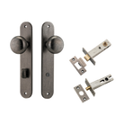 Door Knob Cambridge Oval Privacy Distressed Nickel CTC85mm H240xW40xP67mm Inbuilt Privacy Kit, Tube Latch Split Cam 'T' Striker Distressed Nickel Backset 60mm, Privacy Bolt Round Bolt Distressed Nickel Backset 60mm in Distressed Nickel
