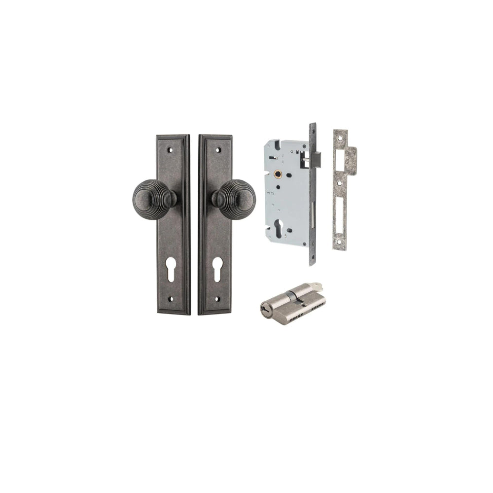 Door Knob Guildford Stepped Euro Distressed Nickel CTC85mm H240xW50xP60mm Entrance Kit, Mortice Lock Euro Distressed Nickel CTC85mm Backset 60mm, Euro Cylinder Dual Function 5 Pin Distressed Nickel L65mm KA1 in Distressed Nickel