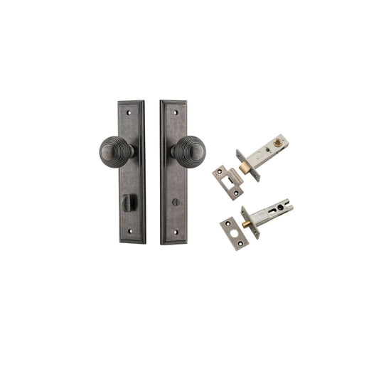 Door Knob Guildford Stepped Privacy Distressed Nickel CTC85mm H240xW50xP60mm Inbuilt Privacy Kit, Tube Latch Split Cam 'T' Striker Distressed Nickel Backset 60mm, Privacy Bolt Round Bolt Distressed Nickel Backset 60mm in Distressed Nickel