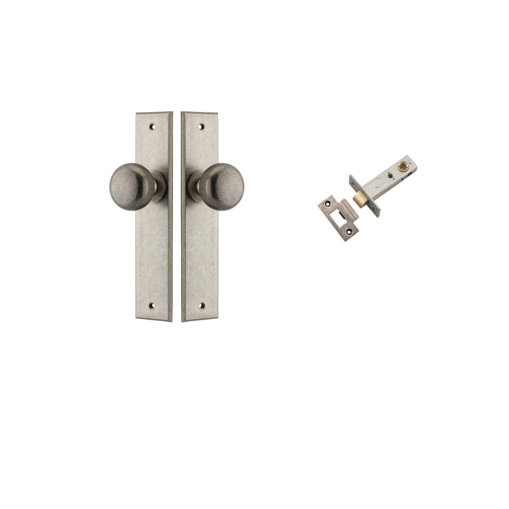 Door Knob Cambridge Chamfered Distressed Nickel D55xP62mm BPH240xW50mm Passage Kit, Tube Latch Split Cam 'T' Striker Distressed Nickel Backset 60mm in Distressed Nickel