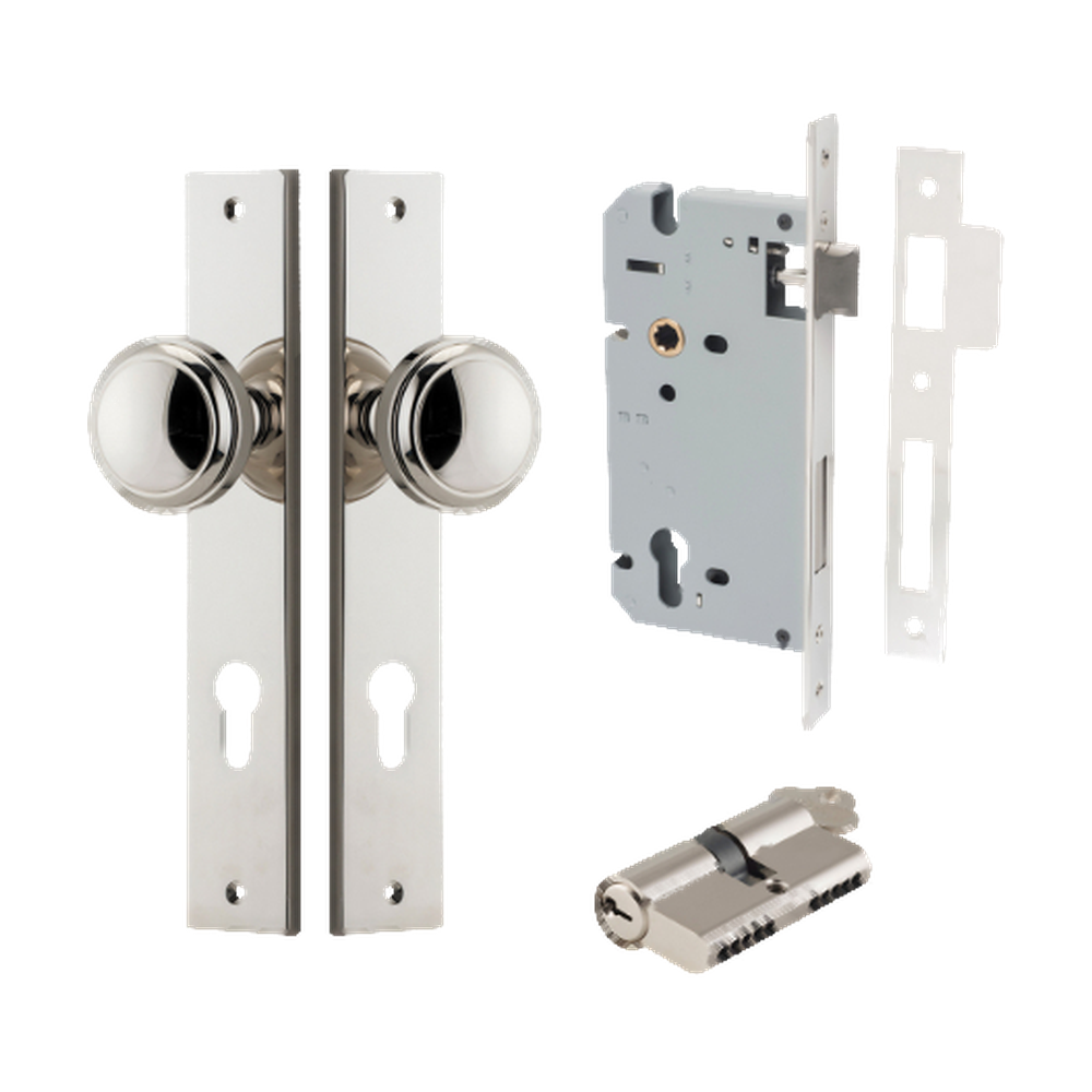 Door Knob Paddington Rectangular Euro Polished Nickel CTC85mm H240xW38xP68mm Entrance Kit Mortice Lock Euro Polished Nickel CTC85mm Backset 60mm, Euro Cylinder Dual Function 5 Pin Polished Nickel L65mm KA1 in Polished Nickel