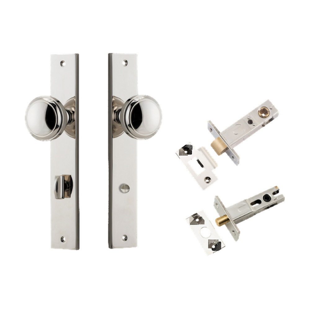 Door Knob Paddington Rectangular Privacy Polished Nickel CTC85mm H240xW38xP68mm Inbuilt Privacy Kit Tube Latch Split Cam 'T' Striker Polished Nickel Backset 60mm, Privacy Bolt Round Bolt Polished Nickel Backset 60mm in Polished Nickel