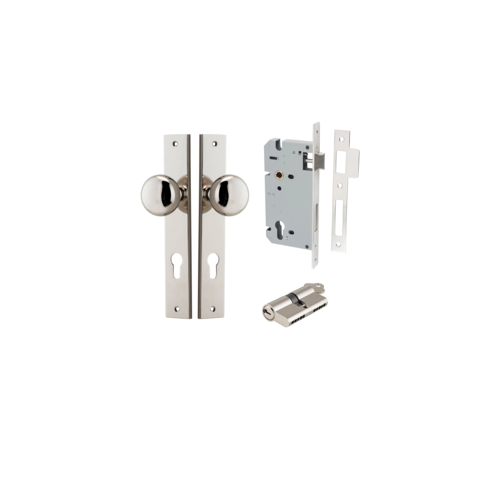 Door Knob Cambridge Rectangular Euro Polished Nickel CTC85mm H240xW38xP67mm Entrance Kit Mortice Lock Euro Polished Nickel CTC85mm Backset 60mm, Euro Cylinder Dual Function 5 Pin Polished Nickel L65mm KA1 in Polished Nickel