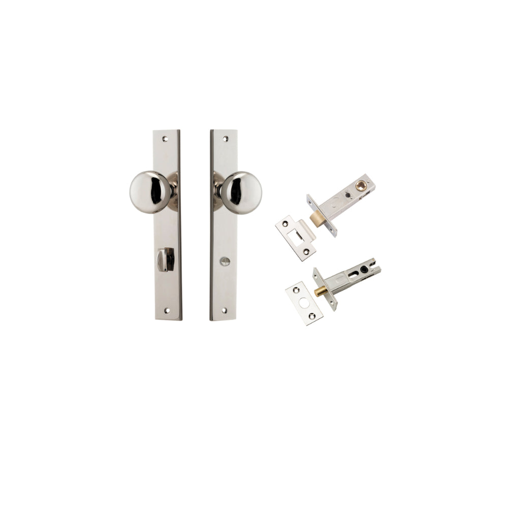 Door Knob Cambridge Rectangular Privacy Polished Nickel CTC85mm H240xW38xP67mm Inbuilt Privacy Kit Tube Latch Split Cam 'T' Striker Polished Nickel Backset 60mm, Privacy Bolt Round Bolt Polished Nickel Backset 60mm in Polished Nickel