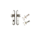 Door Knob Guildford Shouldered Privacy Polished Nickel CTC85mm H240xW50xP60mm Inbuilt Privacy Kit, Tube Latch Split Cam 'T' Striker Polished Nickel Backset 60mm, Privacy Bolt Round Bolt Polished Nickel Backset 60mm in Polished Nickel