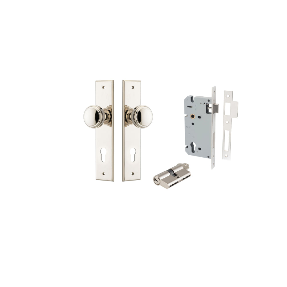 Door Knob Paddington Chamfered Euro Pair Polished Nickel CTC85mm D55xP63mm BPH240xW50mm, Mortice Lock Euro Polished Nickel CTC85mm Backset 60mm, Euro Cylinder Dual Function 5 Pin Polished Nickel 65mm KA4 in Polished Nickel