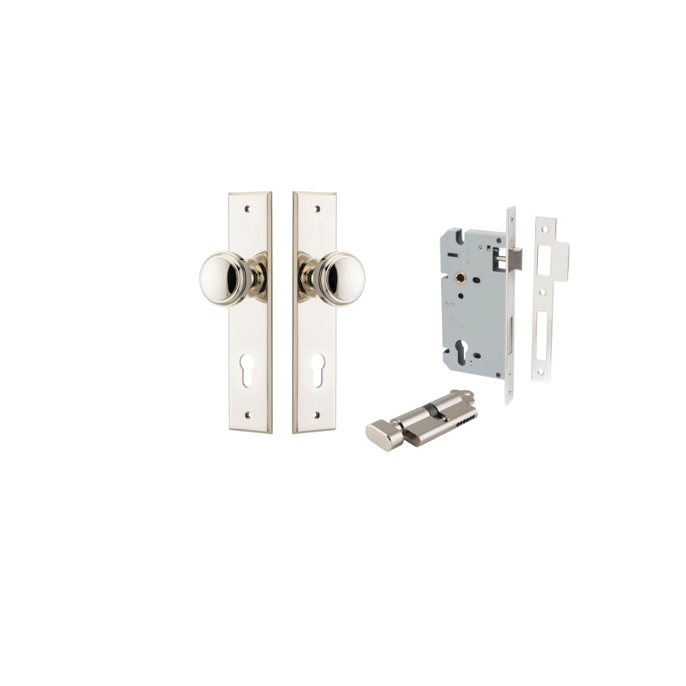 Door Knob Paddington Chamfered Euro Pair Polished Nickel CTC85mm D55xP63mm BPH240xW50mm, Mortice Lock Euro Polished Nickel CTC85mm Backset 60mm, Euro Cylinder Key Thumb 5 Pin Polished Nickel 65mm KA4 in Polished Nickel