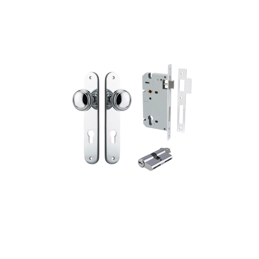 Door Knob Paddington Oval Euro Polished Nickel CTC85mm H240xW40xP68mm Entrance Kit, Mortice Lock Euro Polished Nickel CTC85mm Backset 60mm, Euro Cylinder Dual Function 5 Pin Polished Nickel L65mm KA1 in Polished Nickel