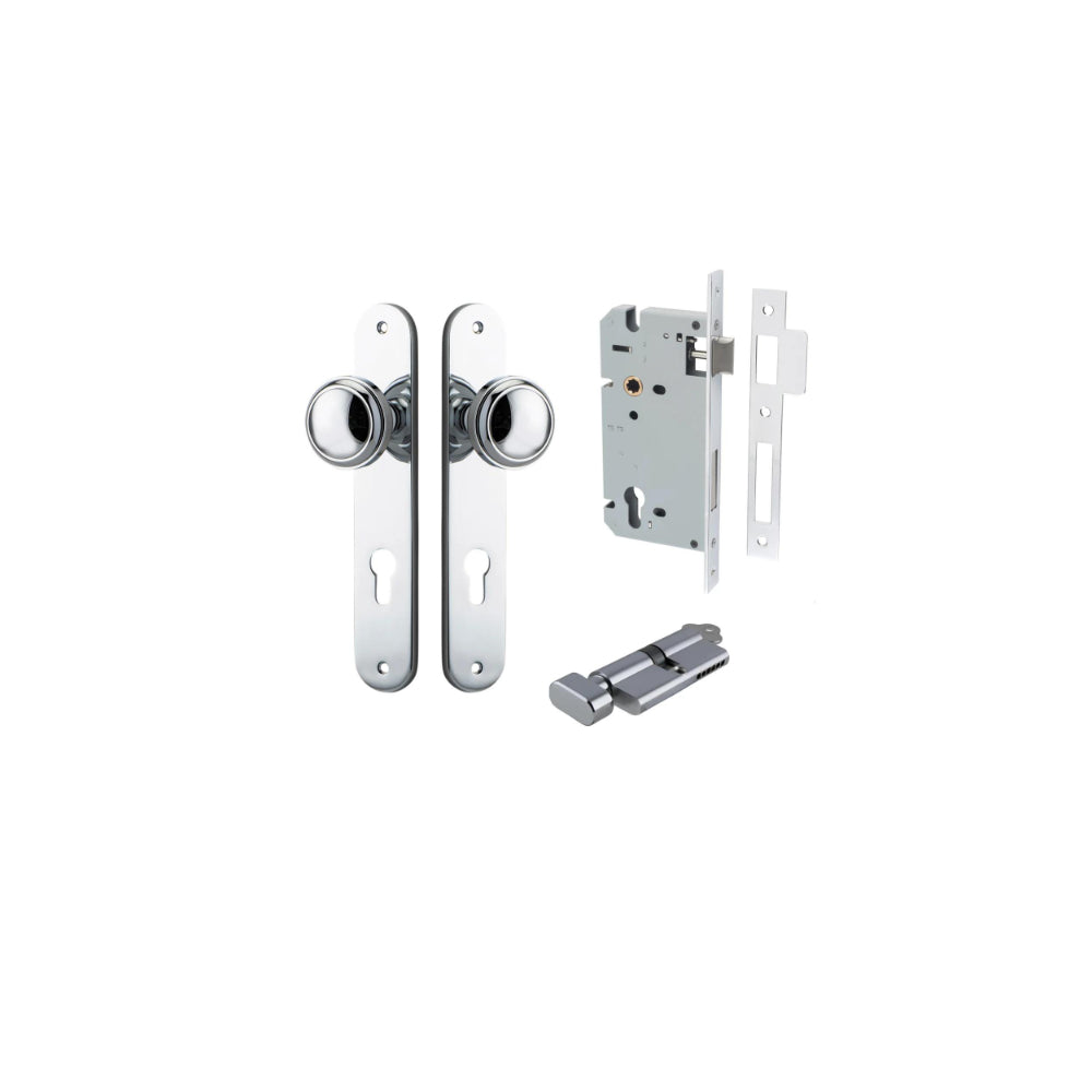 Door Knob Paddington Oval Euro Polished Nickel CTC85mm H240xW40xP68mm Entrance Kit, Mortice Lock Euro Polished Nickel CTC85mm Backset 60mm, Euro Cylinder Key Thumb 6 Pin Polished Nickel L70mm KA1 in Polished Nickel