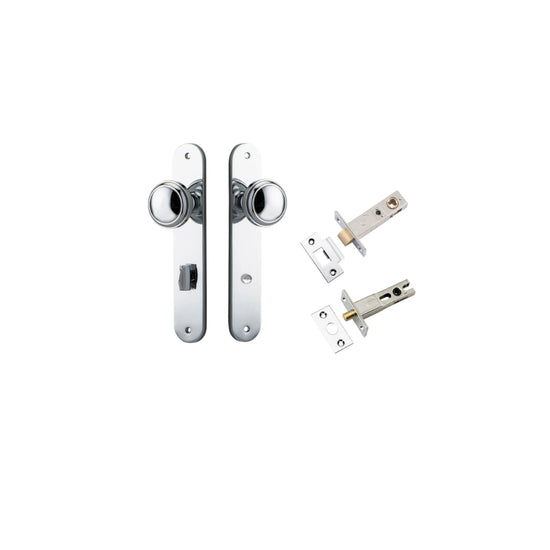 Door Knob Paddington Oval Privacy Polished Nickel CTC85mm H240xW40xP68mm Inbuilt Privacy Kit, Tube Latch Split Cam 'T' Striker Polished Nickel Backset 60mm, Privacy Bolt Round Bolt Polished Nickel Backset 60mm in Polished Nickel